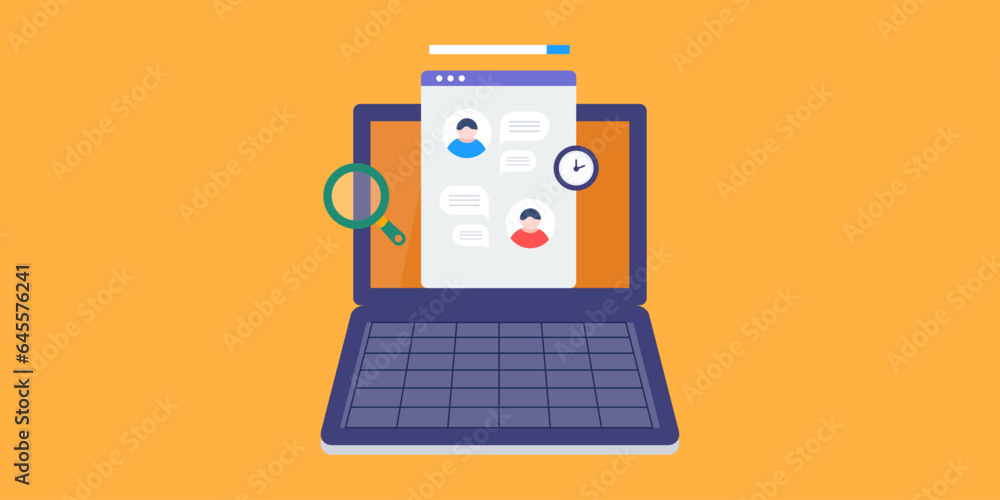 Poster find and restore previous chat history, message dialogue box web application laptop screen, vector i