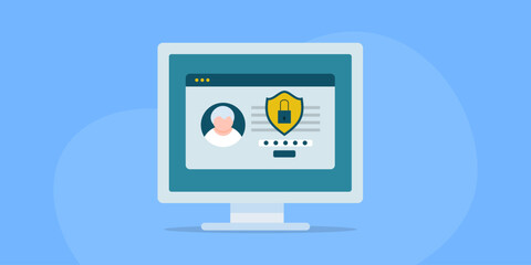 Personal data privacy and cyber security, lock and shield with passcode on computer screen, vector illustration.