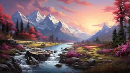 Glasschilderij Grijs autumn  landscape mountains and river