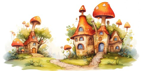watercolor painting style cartoon clipart mushroom house village isolated on white background, Generative Ai