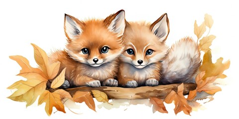 watercolor painting style cartoon clipart two red fox lay on log at autumn forest, Generative Ai