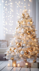 white golden christmas tree with gift boxes, cozy home decoration