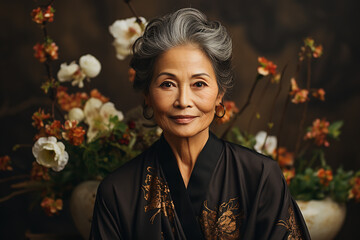 Studio portrait of elegant asian elderly old woman on different colours background
