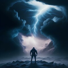 A human stands in the eye of the storm, surrounded by a cacophony of thunder