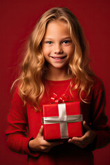 Portrait of a smiling young girl with long hair, dressed in red and holding a wrapped Christmas gift, on a red background