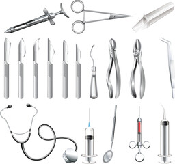 set of dental equipment,  dental instruments, caries under magnifier, orthodontics, tooth extraction, veneers, tooth whitening, implant, braces, calculus. Vector illustration.