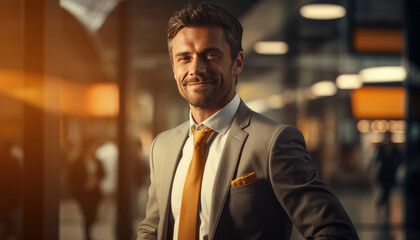 Fototapeta premium Handsome businessman in suit is looking at camera and smiling while standing in office. created by generative AI technology.