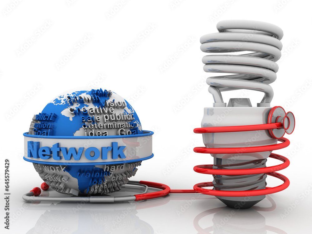 Poster 3d rendering fluorescent cfl lamp connected stethoscope near network globe