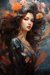 Whispers of Elegance: A Serene Portrait of a Woman Adorned with Roses and Windswept Tresses. Generative AI