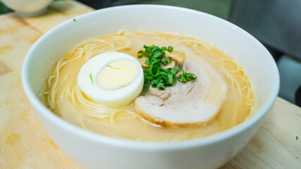 Japanese soup. Japanese restaurant in Khabarovsk in the Russian Far East.