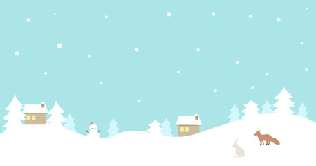 雪だるまとキツネとうさぎがいる雪景色