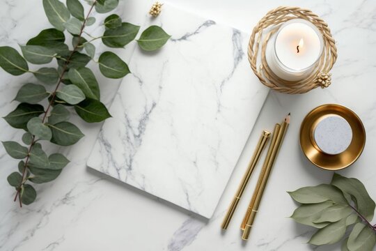 Business concept. Top view photo of candles on rattan serving mat paper sheet craft paper envelope gold pen binder clips and ceramic vase with eucalyptus on white marble background, Generative AI