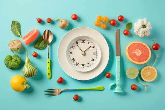Proper nutrition concept. Top view photo of plate fork knife scales vegetables fruits alarm clock dumbbells and tape measure on isolated pastel blue background with empty space, Generative AI
