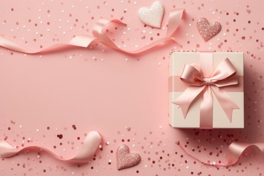 Top view photo of st valentine's day decorations white giftbox with bow pink curly ribbon small hearts and sequins on isolated pastel pink background with empty, Generative AI