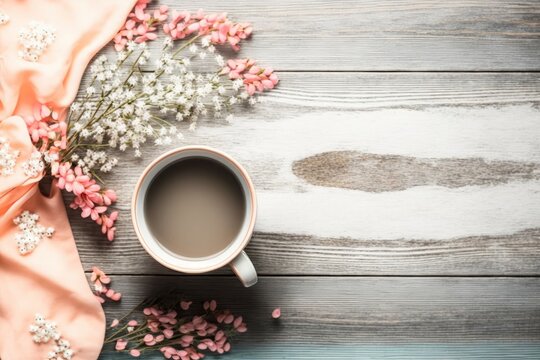 Hello spring concept. Top view photo of mug of coffee gypsophila flowers and pink plaid on grey wooden desk background with empty space, Generative AI