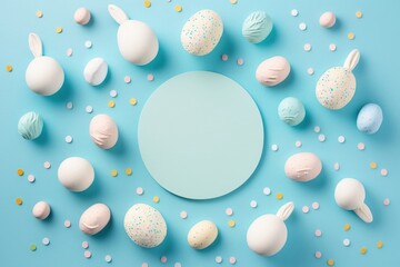 Fototapeta na wymiar Easter concept. Top view photo of white circle ceramic easter bunnies colorful eggs and sprinkles on isolated pastel blue background with copyspace, Generative AI