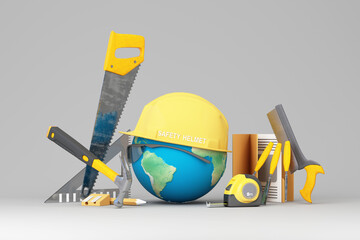 Concept for workers Safety First for the safety of life and health at work. Surrounded by tools, a hammer and a tape measure, and a globe wearing a construction helmet. 3d rendering