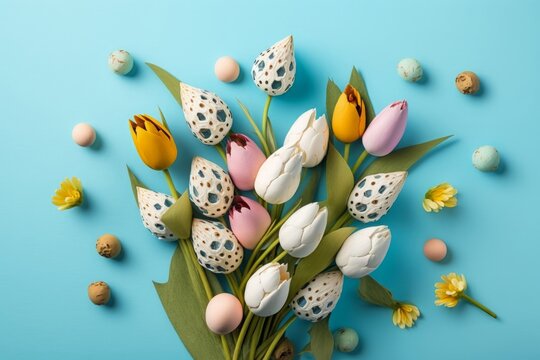 Easter concept. Top view photo of bouquet of pussy willow colorful tulips and quail eggs on isolated pastel blue background, Generative AI
