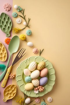 Easter atmosphere concept. Top view vertical photo of plates with lot of colorful easter eggs knife fork chicken shaped baking mold and easter bouquet, Generative AI