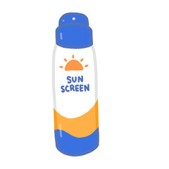 Sunscreen spray bottle cute doodle illustration isolated white orange and blue with sun icon skincare