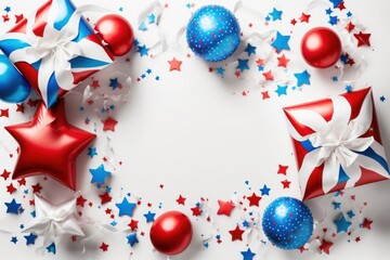 USA Independence Day decorations concept. Top view photo of present boxes with ribbon bows red white blue balloons and star shaped confetti on isolated white background, Generative AI
