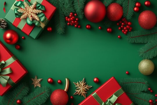 New Year concept. Top view photo of red gift boxes with green ribbon bows baubles gold star ornaments mistletoe berries and pine branches in snow on isolated green background, Generative AI