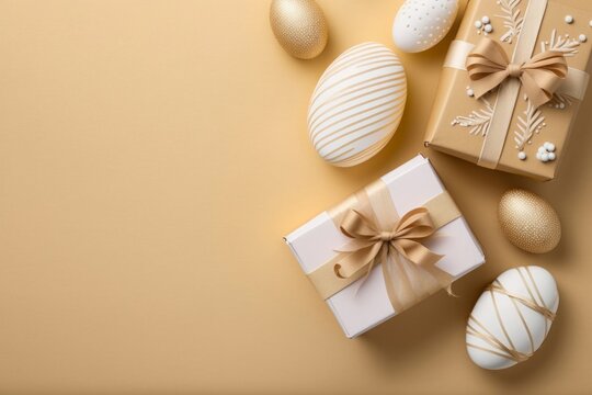 Easter celebration concept. Top view photo of white and gold easter eggs and craft paper gift boxes with twine bows on isolated beige background with, Generative AI