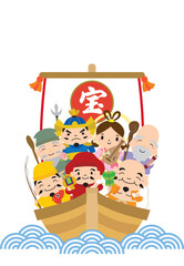 宝船と七福神の年賀状/縦08・文字なし