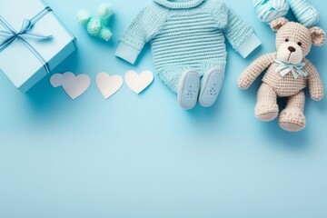 Baby shower concept. Top view photo of blue shirt pants inscription love knitted booties teddy bear toy giftbox and dummy on isolated pastel blue background with empty, Generative AI - obrazy, fototapety, plakaty
