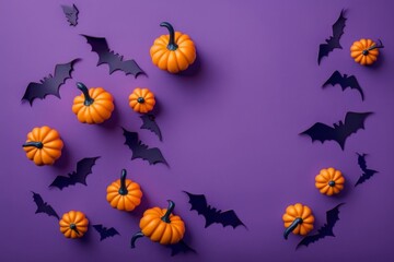 Naklejka na ściany i meble Top view photo of halloween decorations small pumpkins and bats silhouettes on isolated violet background with empty space, Generative AI