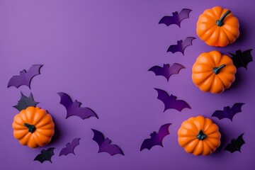Top view photo of halloween decorations small pumpkins and bats silhouettes on isolated violet background with empty space, Generative AI