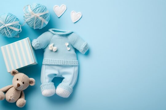 Baby shower concept. Top view photo of blue shirt pants inscription love knitted booties teddy bear toy giftbox and dummy on isolated pastel blue background with empty, Generative AI