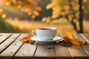 Naklejka na ściany i meble cup of coffee and autumn leaves