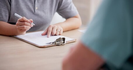 Physiotherapy consultation, clipboard and people hands writing answer, ask questions or chiropractic assessment summary. Interview survey, closeup chiropractor and physiotherapist consulting patient