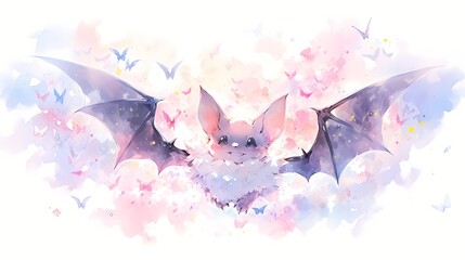 Fototapeta na wymiar Cute cartoon bat watercolor, bat flying illustration, baby bat pastel