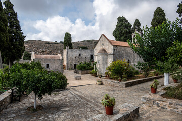 An old Greek monastery with a sunny summer day on the island of Crete