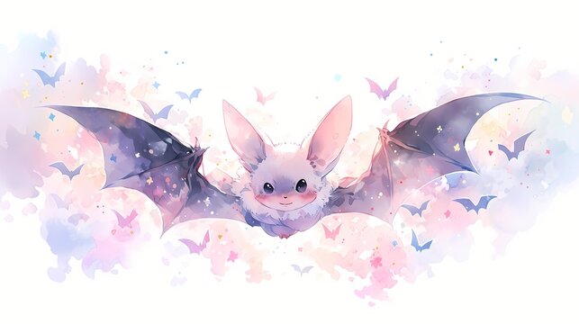 Cute bat watercolor, baby bat pastel illustration, flying bat