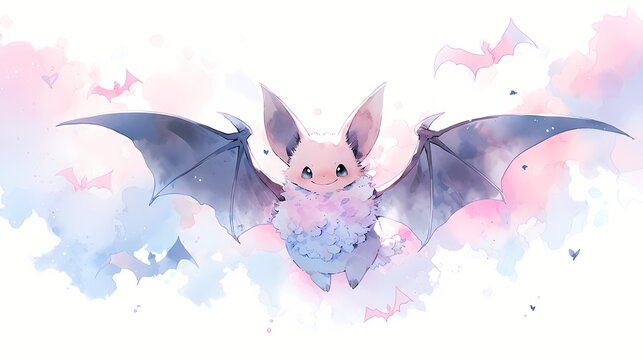 Flying bat illustration, cute bat watercolor, smilling bat