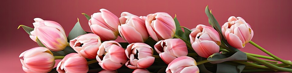 Fototapeta premium tulips on pink background, copy space