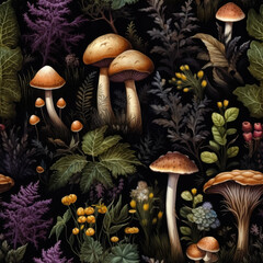 Watercolor mushroom leaf plant flower forest seamless pattern digital art on black background textile print - 645583612