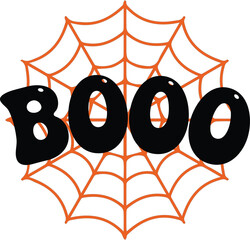 Halloween Design, boo ghost saying, halloween print, black and orange color, boo word isolated on spider web.