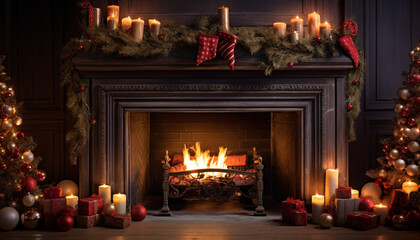 fireplace with christmas decorations, cosy home interior background Table top with blurred fireplace, Ai Generate 