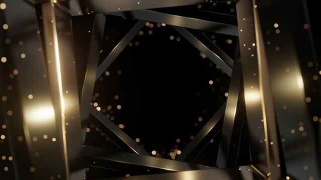 rectangle geometric gold background, spin animation, particles glowing.