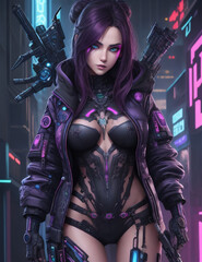 Naklejka premium Beautiful Cyberpunk Female character. Female cyborg with futuristic hairstyle and makeup, Cyberpunk metaverse character. Concept art.