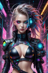 Beautiful Cyberpunk Female character. Female cyborg with futuristic hairstyle and makeup, Cyberpunk metaverse character. Concept art.