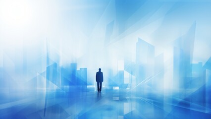 Blue background and there is a businessman standing. 