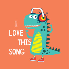 music lover dinosaur drawing as vector for kids fashion
