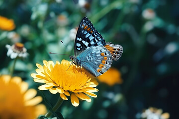 Fototapeta na wymiar A beautiful butterfly on the yellow flower. 