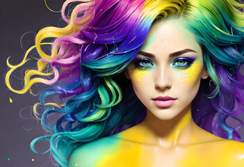 Fashionable and bright girl, Trends, Multi-colored Ombré hairstyle, On an abstract background with different colors, Generative AI