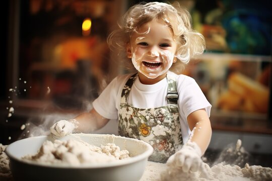 A Child Is In The Kitchen Preparing Food. A Happy Kid Is Engaged In Baking Flour And Dough.